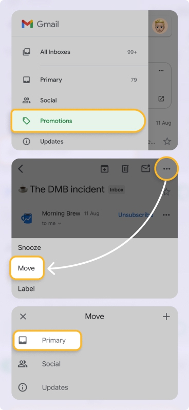 Move emails from promotions to primary in Gmail app