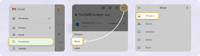 Move emails from promotions to primary in Gmail app