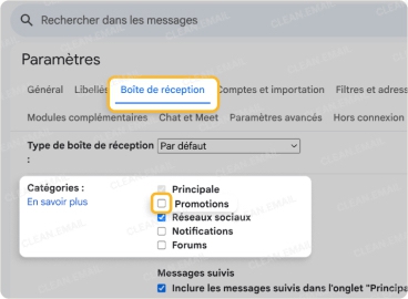 Décochez la case Promotions (et toute autre catégorie que vous ne souhaitez plus afficher)