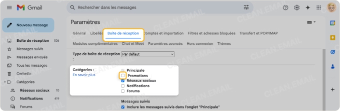 Décochez la case Promotions (et toute autre catégorie que vous ne souhaitez plus afficher)