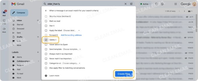 Automatically delete old emails using filters