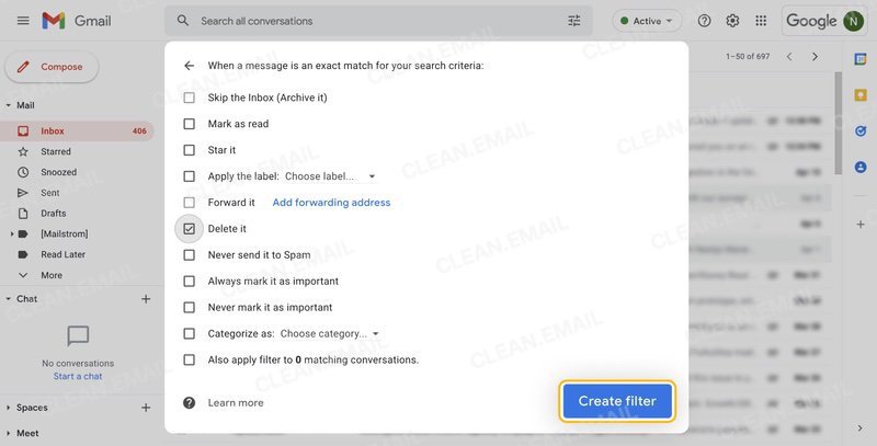 Create Gmail filters to bulk delete automatically
