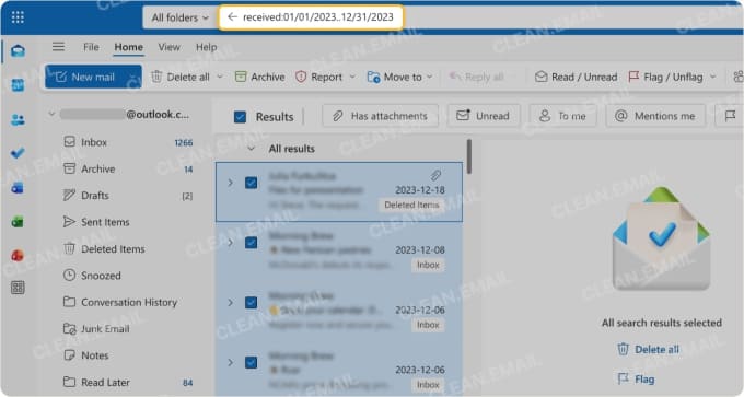 Find old emails within a date range in Outlook