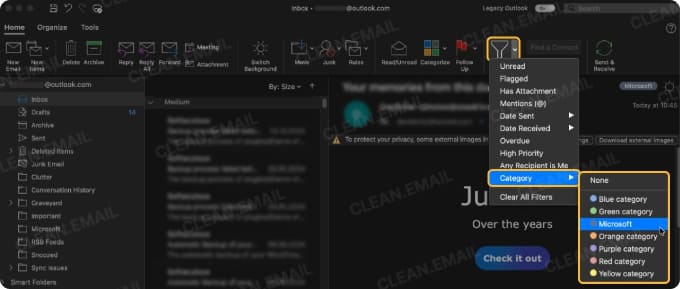 How to filter Outlook emails by category