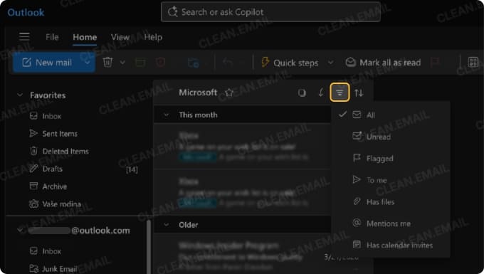 New Outlook and web Outlook share a Filter button with common email filters