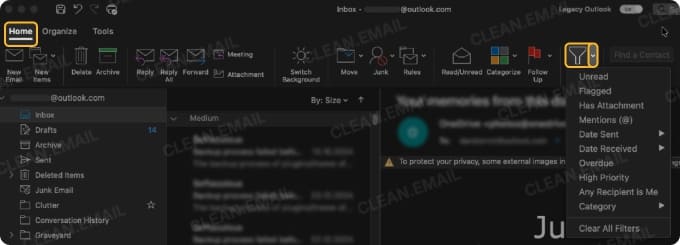 Classic Outlook has Filter Email on the Home ribbon with more presets