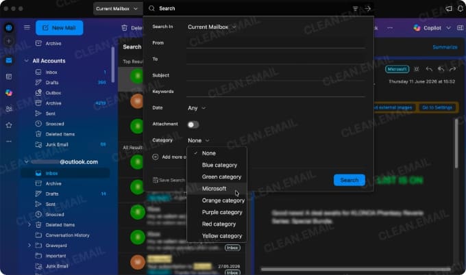 New Outlook for Mac filters emails by category through expanded search options