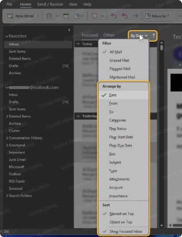Classic Outlook sorts messages with the By menu and additional View options