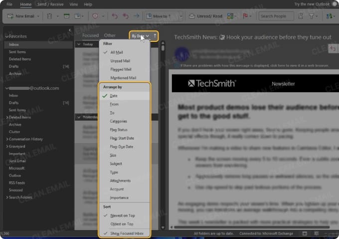 Classic Outlook sorts messages with the By menu and additional View options