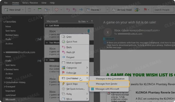 Filtering by sender without a dedicated button
