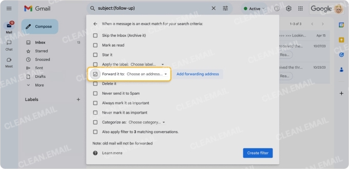 Forward it to option in Gmail filter