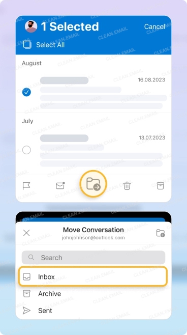Moving a deleted email back to the Inbox in the Outlook mobile app