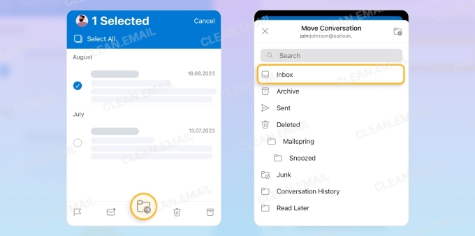 Moving a deleted email back to the Inbox in the Outlook mobile app