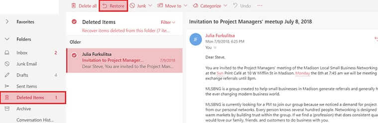how to get back deleted emails outlook