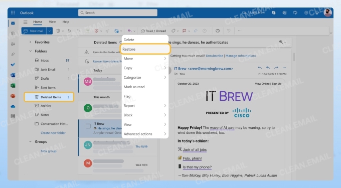 Recovering Outlook deleted emails on the web