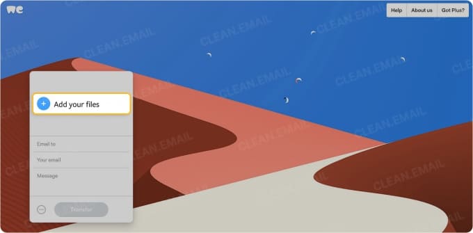 WeTransfer upload interface with “Add files” button highlighted