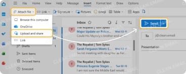 Outlook attachment dropdown showing Upload and share