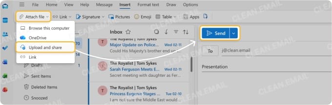 Outlook attachment dropdown showing Upload and share