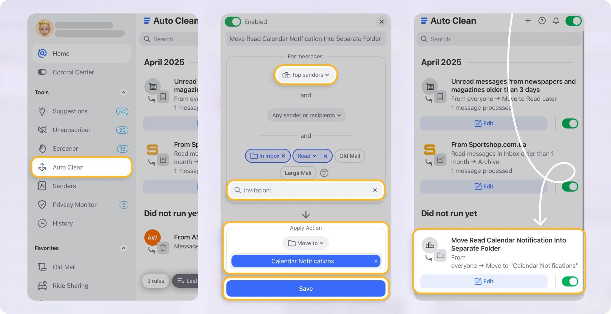 Creating an Auto Clean sorting rule in Clean Email