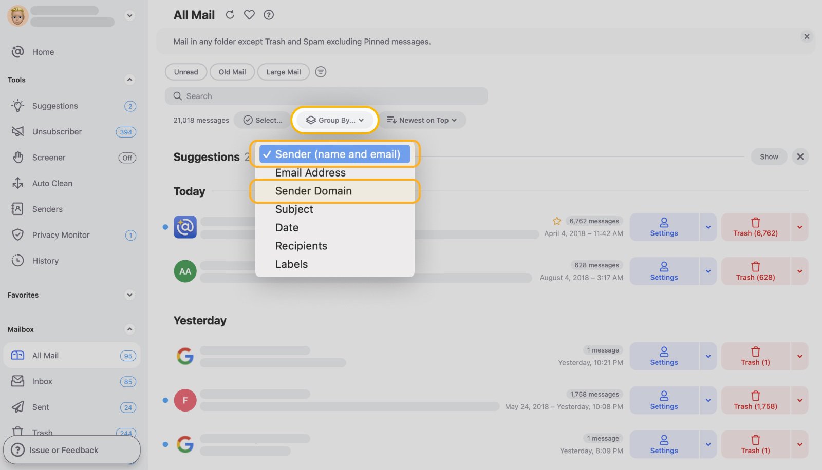 Group By Sender menu in Clean Email