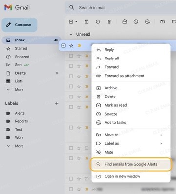 Find emails from a sender using right-click in Gmail