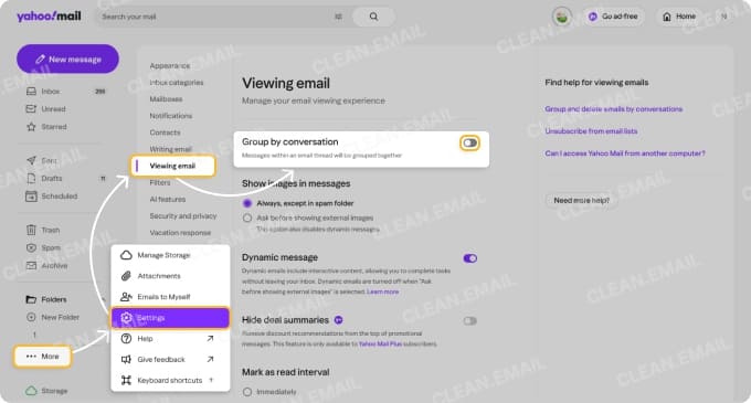 Disable Group by Conversation to sort Yahoo Mail by sender