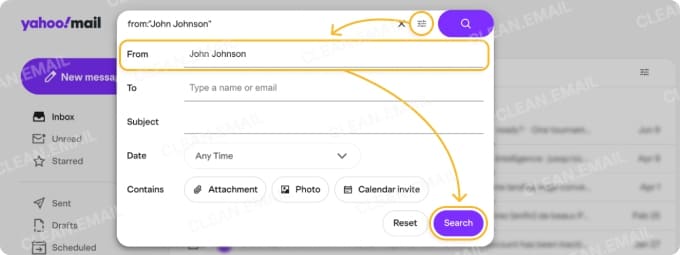 How to sort Yahoo mail by sender using search