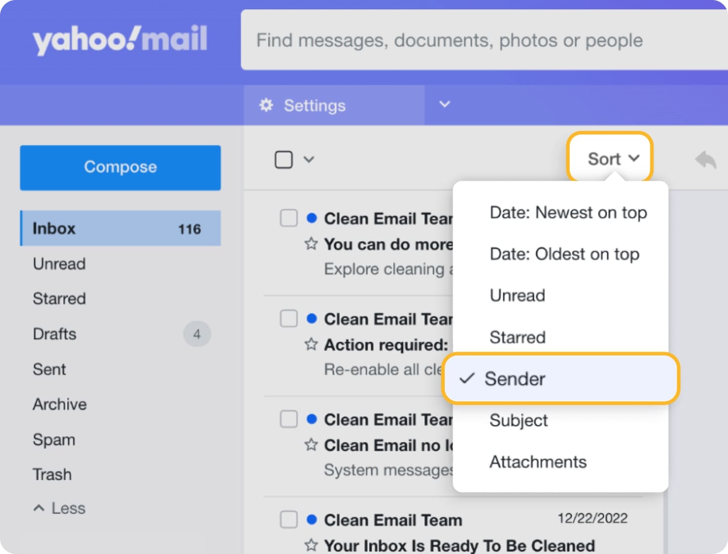 sort email by sender on mailbird