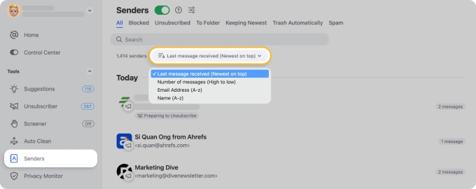 can you sort mailbird by sender