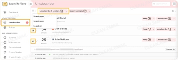 Leave Me Alone dashboard for managing email subscriptions and unsubscribe requests