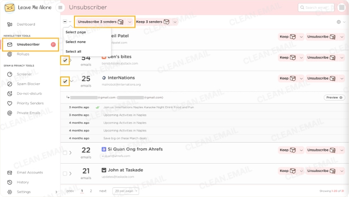 Leave Me Alone dashboard for managing email subscriptions and unsubscribe requests