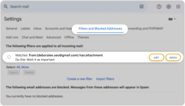 Gmail filter settings for editing or deleting filters