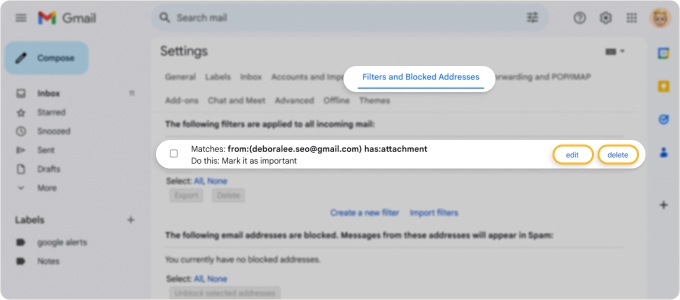 Gmail filter settings for editing or deleting filters