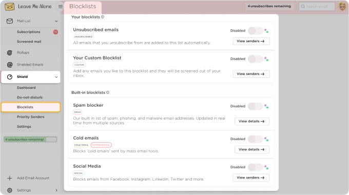 Automatically filter emails using Shield Blocklists