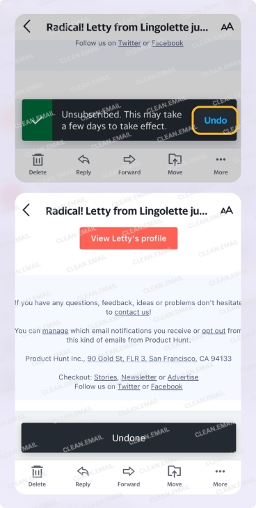 Undo unsubscribe action in Yahoo Mail mobile app