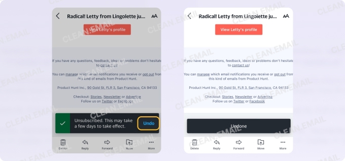 Undo unsubscribe action in Yahoo Mail mobile app