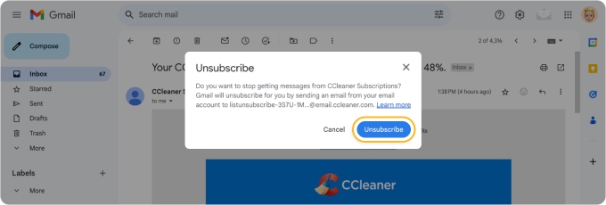 Unsubscribe from an email in Gmail using the link near the sender’s name