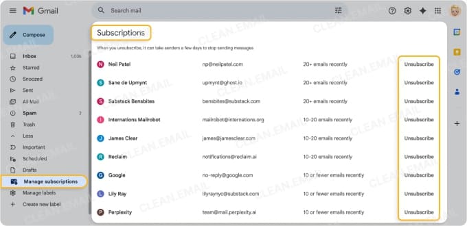 Use Gmail's manage subscriptions feature