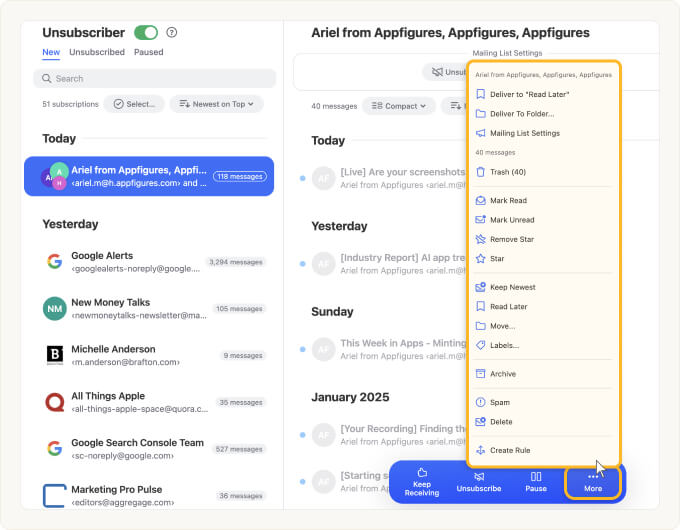 Clean Email showing bulk unsubscribe actions: Keep Newest, Pause, Unsubscribe