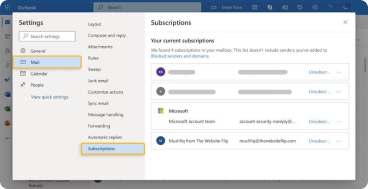 Outlook.com settings showing Mail> Subscriptions with unsubscribe options