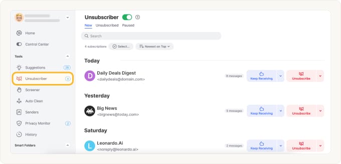 Clean Email app showing email subscriptions in Unsubscriber tab