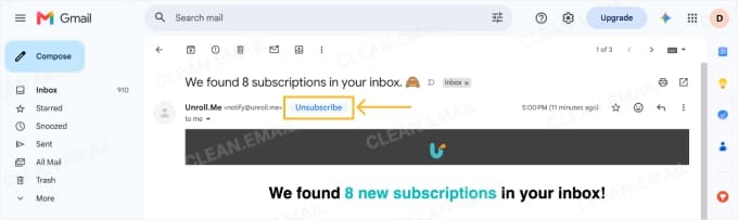 Unroll.Me unsubscribe option in email provider