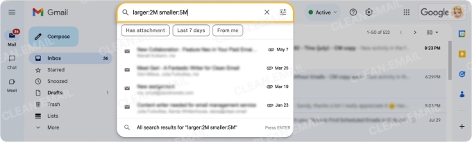 Gmail search filters help find emails by sender, keyword, size, date, attachment, or label