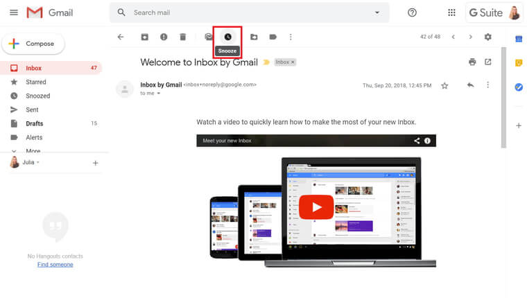 google gmail snooze feature