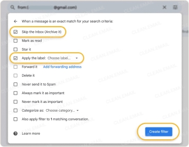 Gmail Skip the Inbox action archives emails and keeps them out of the inbox