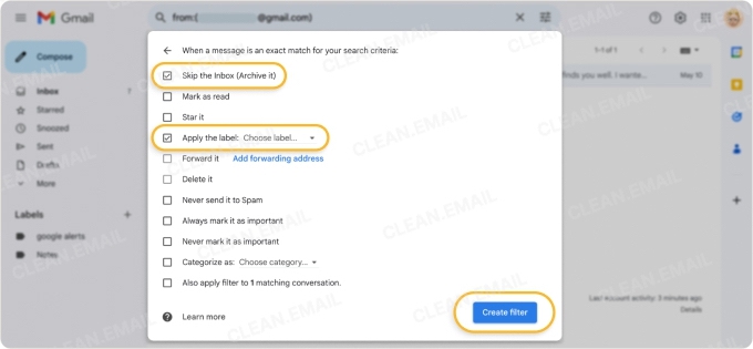Gmail Skip the Inbox action archives emails and keeps them out of the inbox