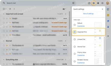 Gmail Important First inbox showing important emails above all other messages