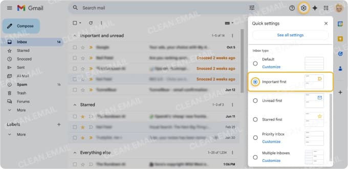 Gmail Important First inbox showing important emails above all other messages