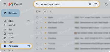 Gmail Purchases label for order confirmations, delivery tracking, and shipping updates
