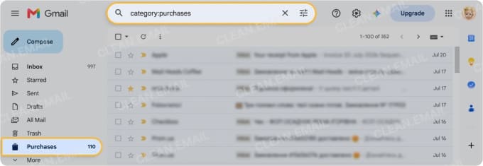 Gmail Purchases label for order confirmations, delivery tracking, and shipping updates